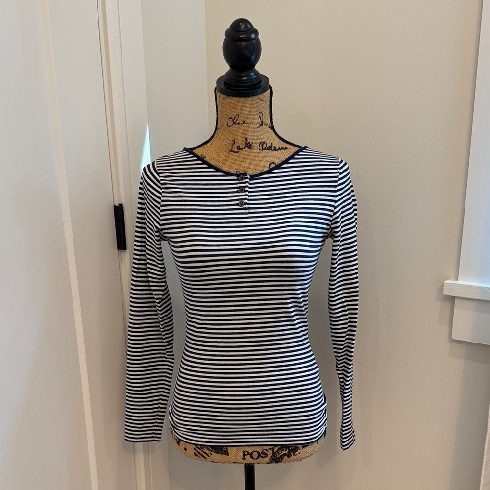Reiss Navy and White Striped Long Sleeve Tee